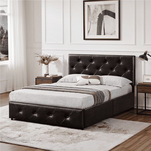 Renwick Diamond Button-Tufted Upholstered Platform Bed with Storage, Brown, Full