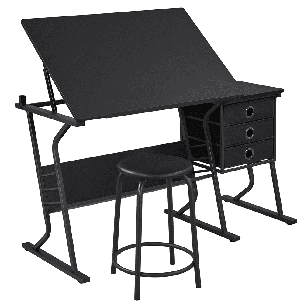 Renwick Drafting Table & Stool Set with Tilting Tabletop & Side Countertop, Black