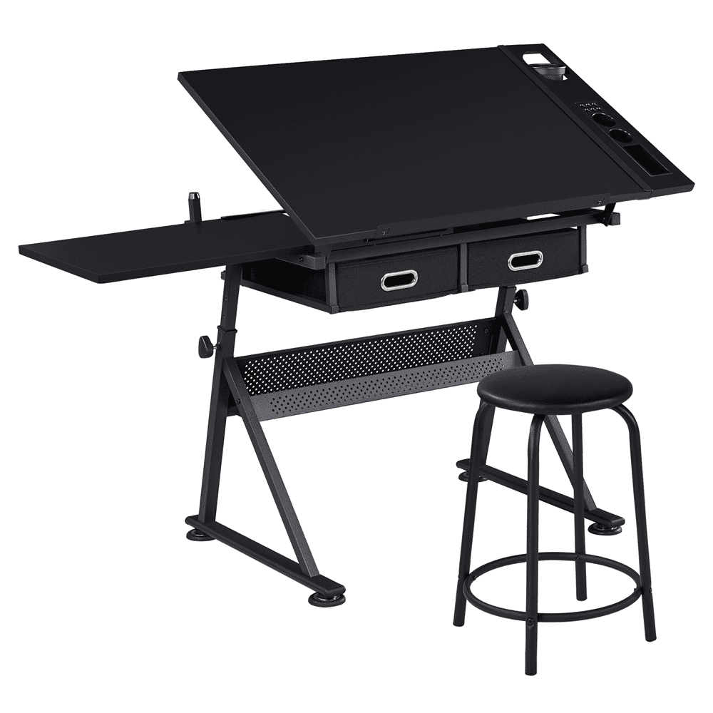 Renwick Drafting Table and Stool Set with Adjustable Table Angles & Heights, Black