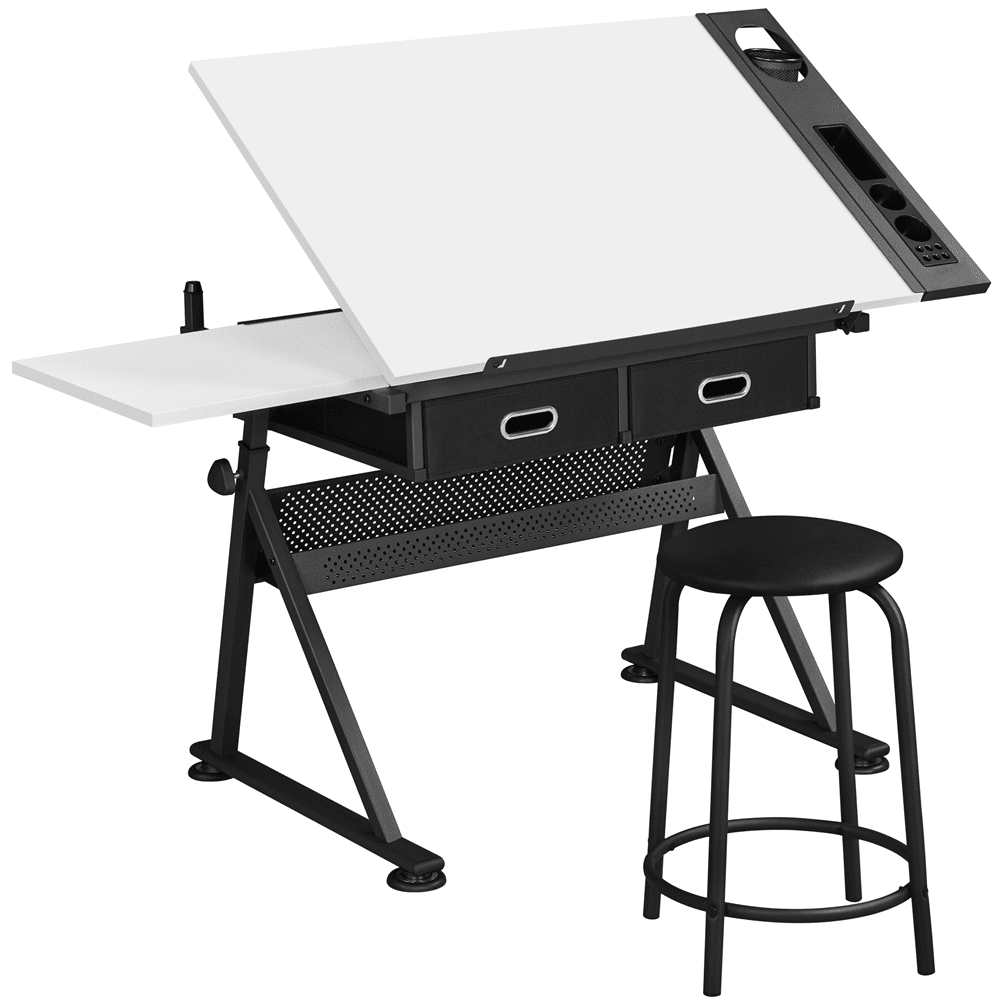 Renwick Drafting Table and Stool Set with Adjustable Table Angles & Heights, White