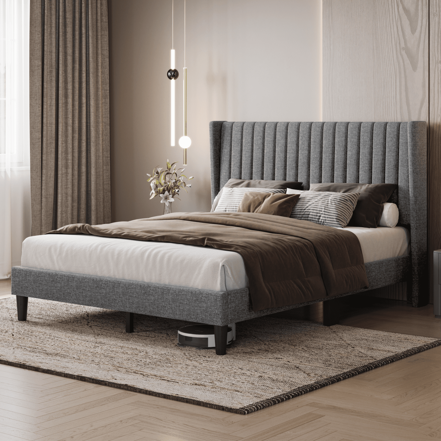 Renwick Fabric Upholstered Bed Frame with Channel Tufted Headboard, Light Gray