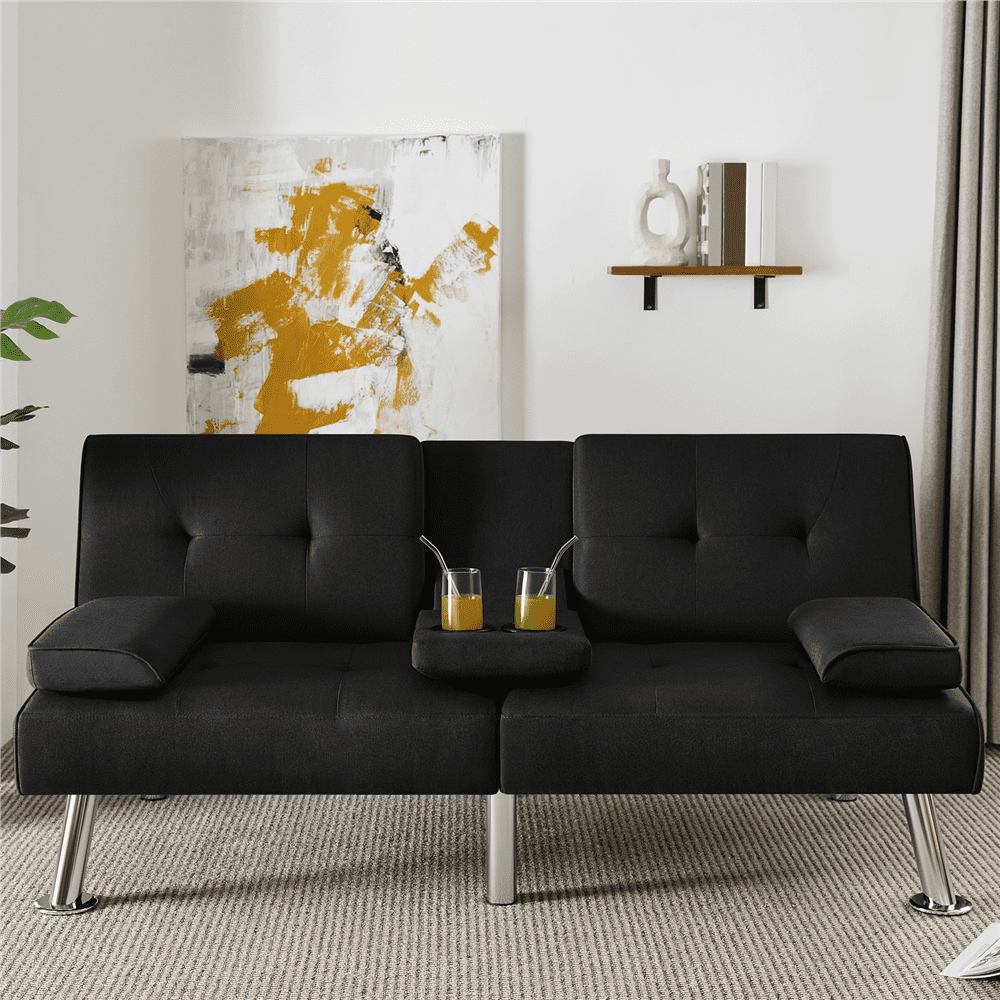 Renwick Fabric Upholstered Convertible Futon Sofa Bed with Cup Holders and Pillows, Black