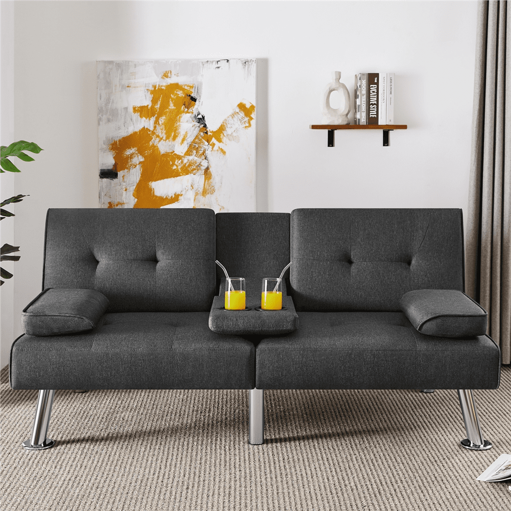 Renwick LuxuryGoods Modern Faux Leather Futon with Cupholders and Pillows Brown Walmart