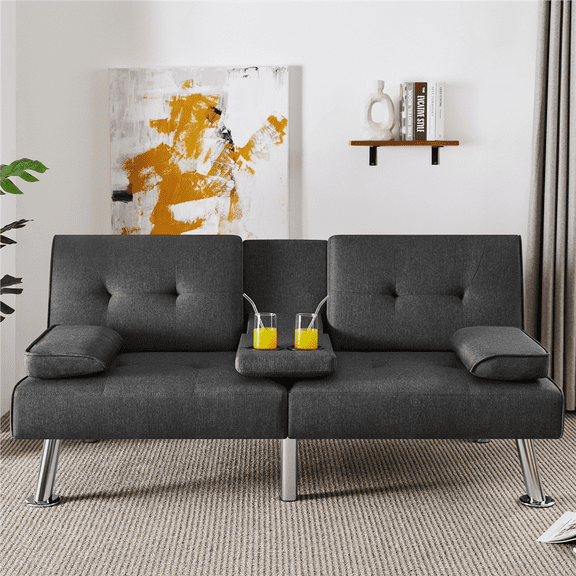 Renwick Fabric Upholstered Convertible Futon Sofa Bed with Cup Holders and Pillows, Dark Gray