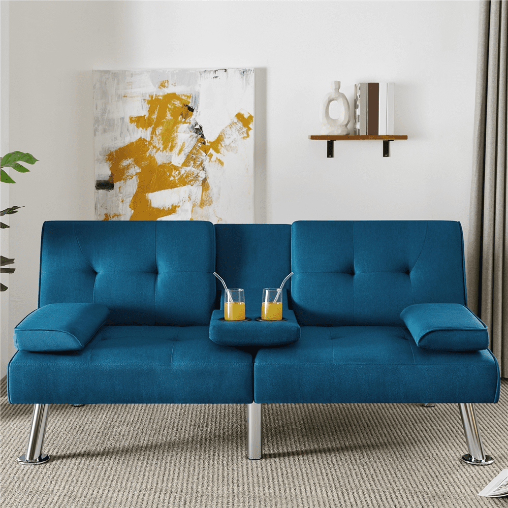 Renwick Fabric Upholstered Convertible Futon Sofa Bed with Cup Holders and Pillows for Livingroom, Aqua Blue