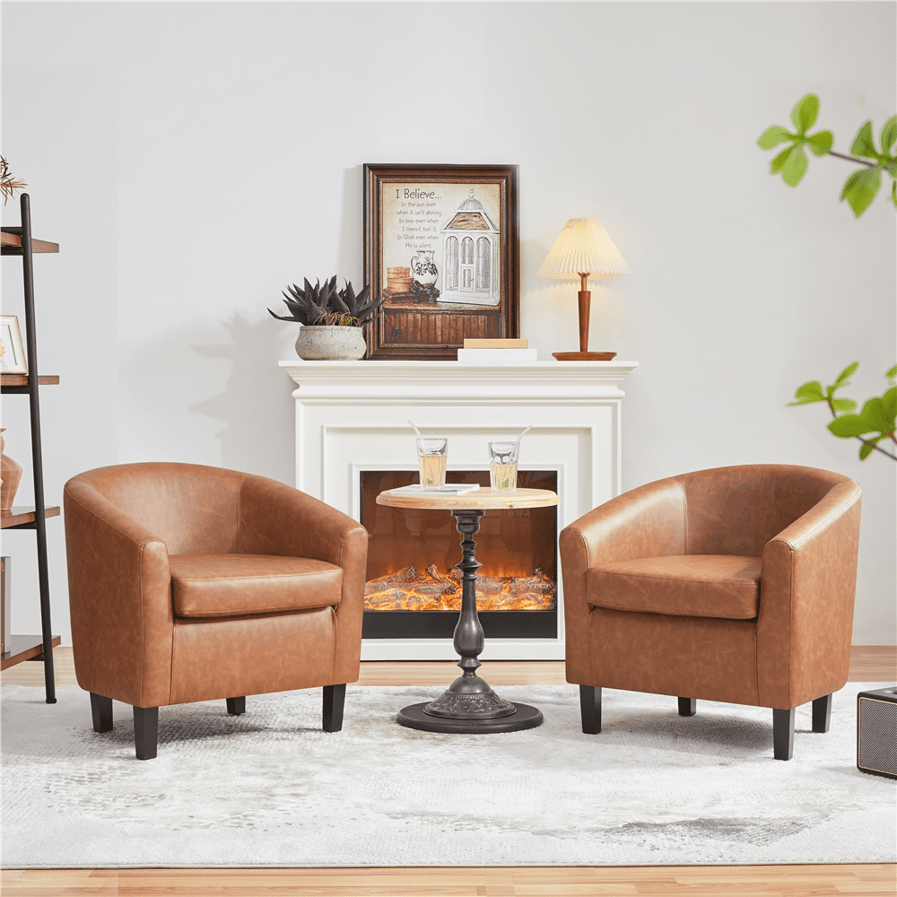 Renwick Faux Leather Barrel Accent Chair for Living Room, Set of 2, Brown  (图1)