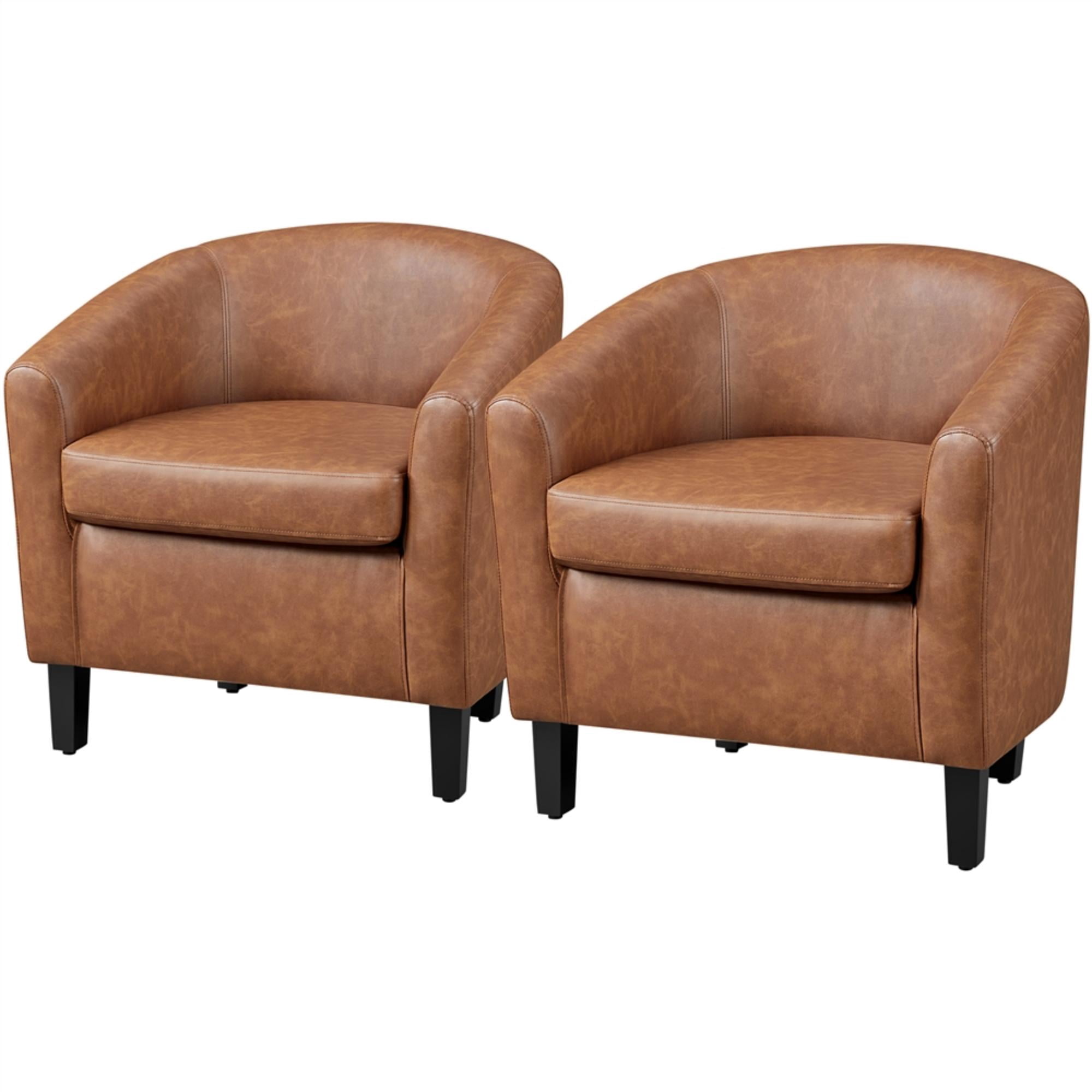 Renwick Faux Leather Barrel Accent Chair for Living Room, Set of 2, Brown
