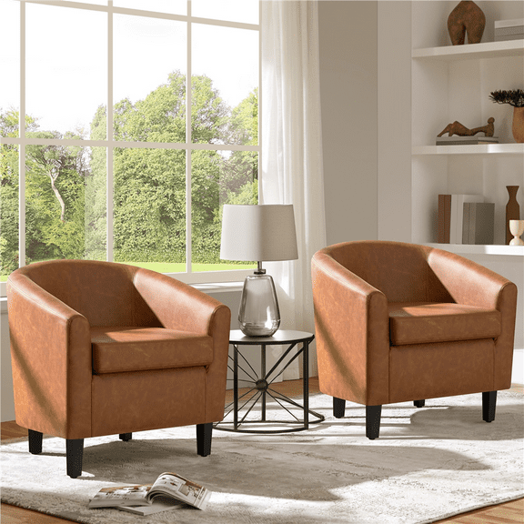 Renwick Faux Leather Barrel Accent Chair for Living Room, Set of 2, Brown
