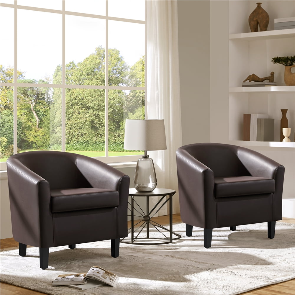 Renwick Faux Leather Barrel Accent Chair for Living Room, Set of 2, Espresso