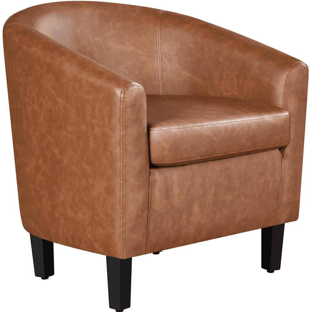 Brown Faux Leather Barrel Accent Chair with Black Wood Legs