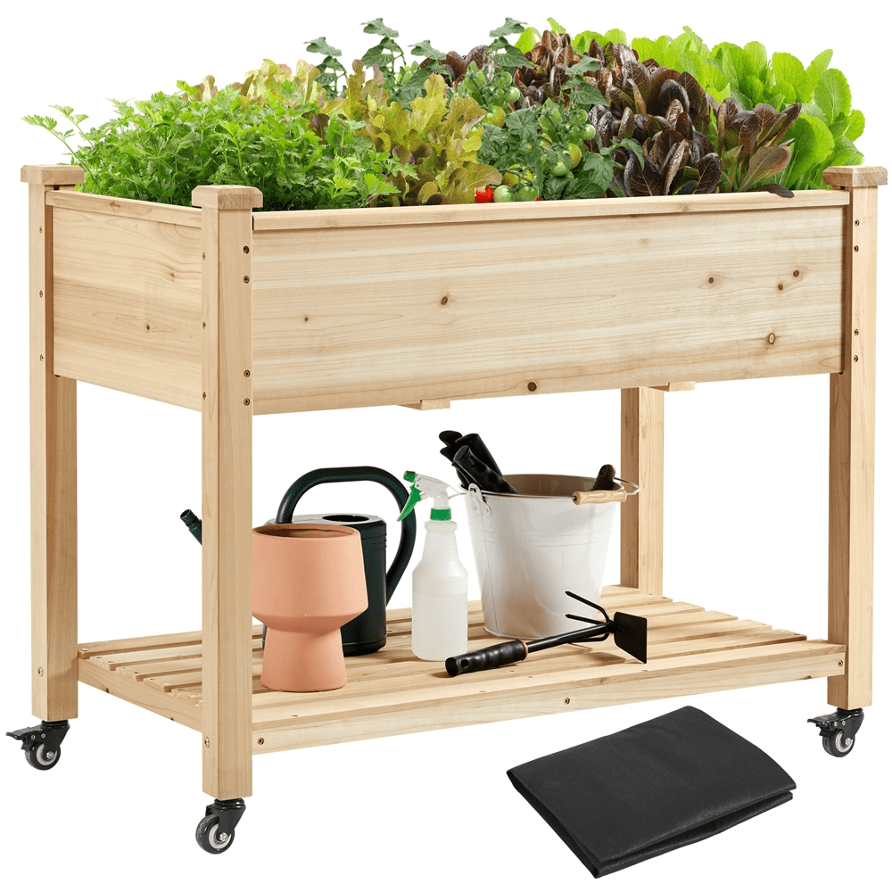 Renwick Fir Wood Planting Bed with Shelf & Wheels, Wood