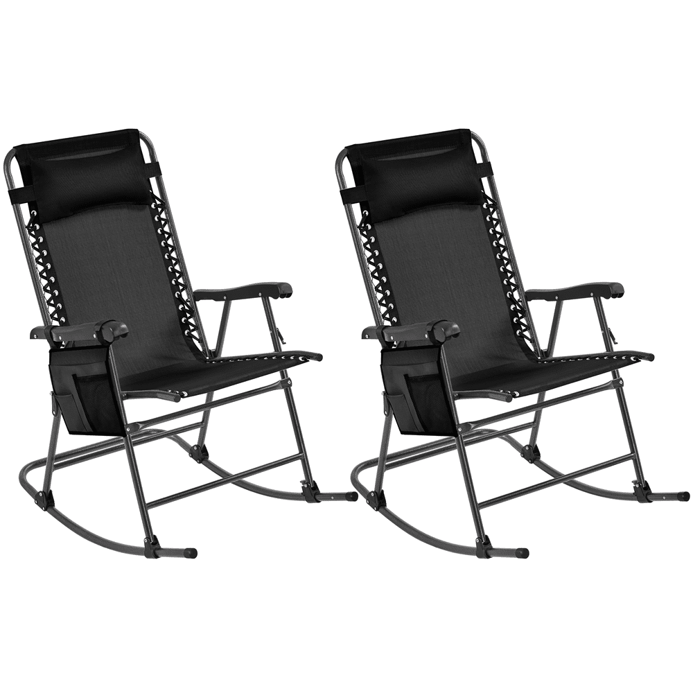 Renwick Foldable Outdoor Lounge Chairs with Pillow, Set of 2, Black