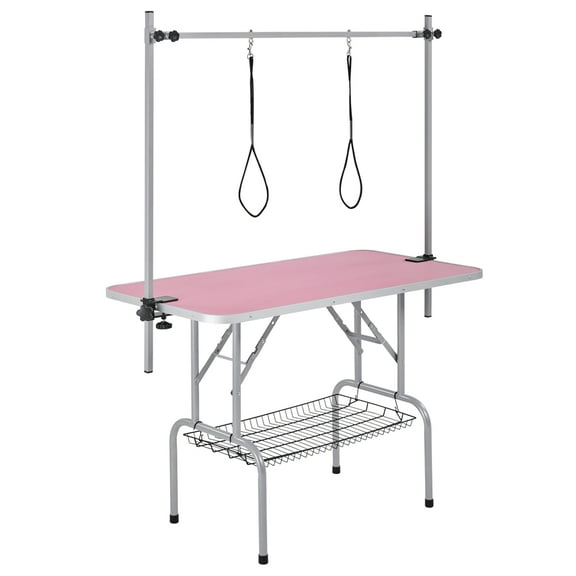 Renwick Foldable Pet Grooming Table with Basket, Noose & Arm For Dogs & Cats, Pink