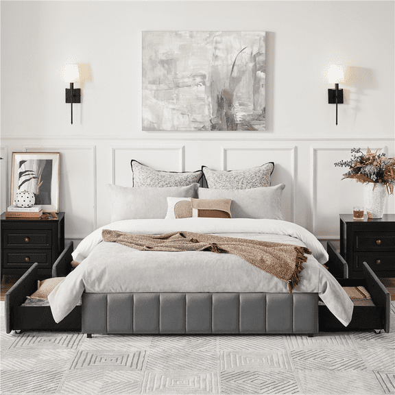 Renwick Full Size Upholstered Bed Frame with 4 Storage Drawers, Dark Gray