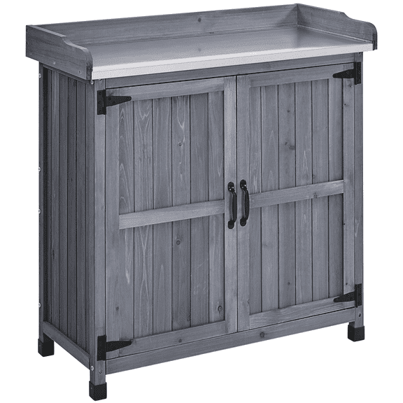 Renwick Garden Potting Bench Table with Cabinet, Gray