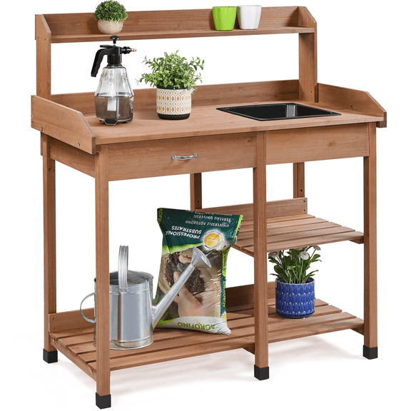 Renwick Garden Potting Bench with Basin & Drawer, Brown