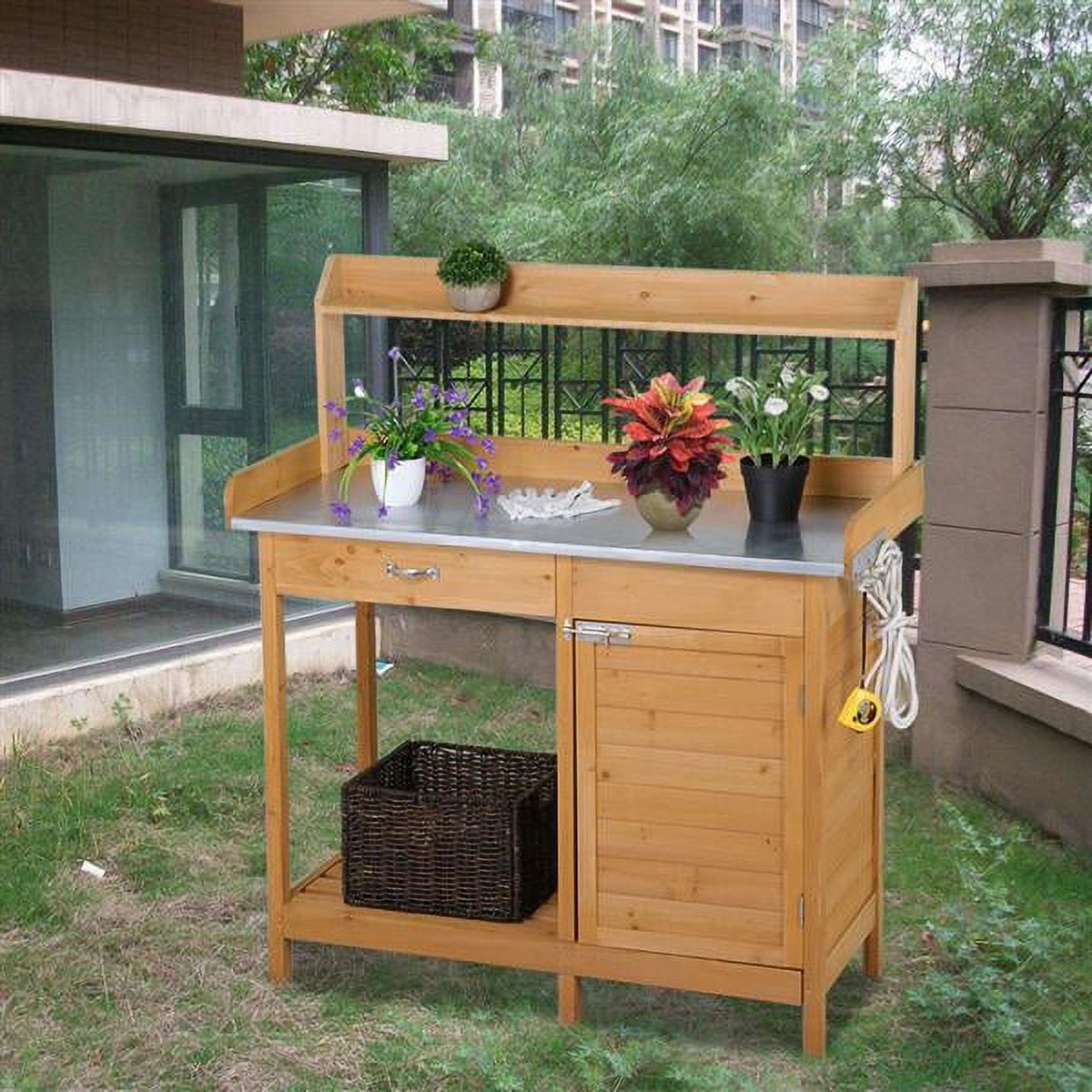 Easyfashion Garden Potting Bench with Cabinet Drawer Open Shelf,Wood