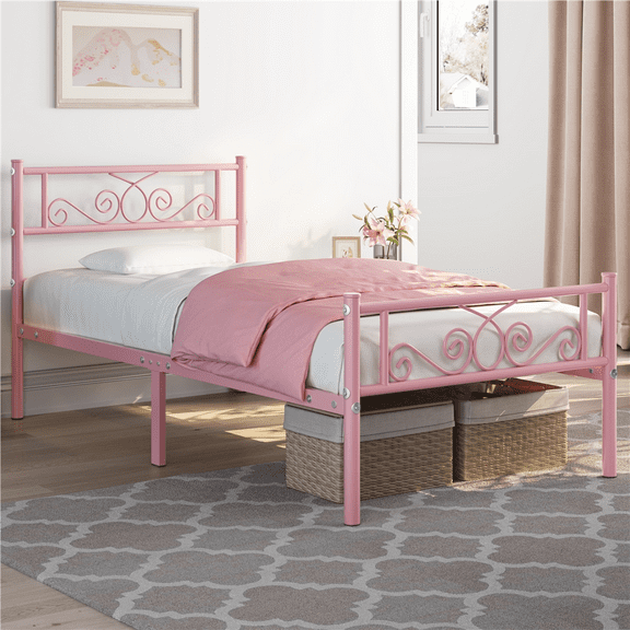 Renwick Graceful Scroll Metal Platform Bed with Headboard and Footboard, Twin, Pink