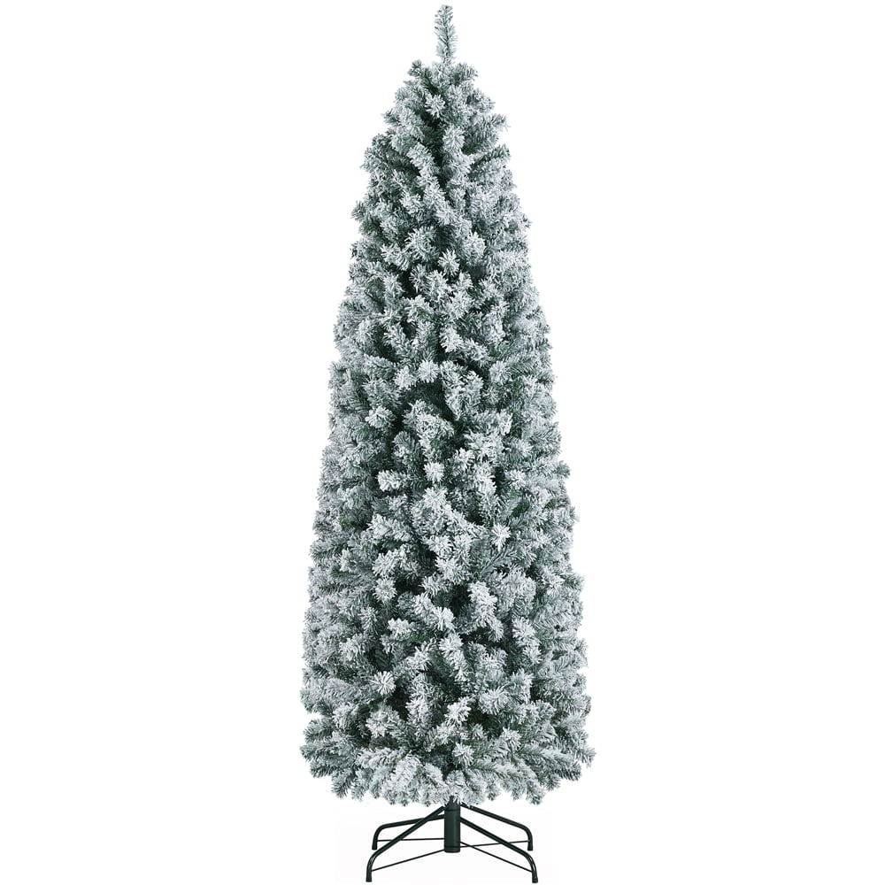 Easyfashion Green Snow Flocked Pencil Artificial Christmas Tree, with Metal Stand 6'