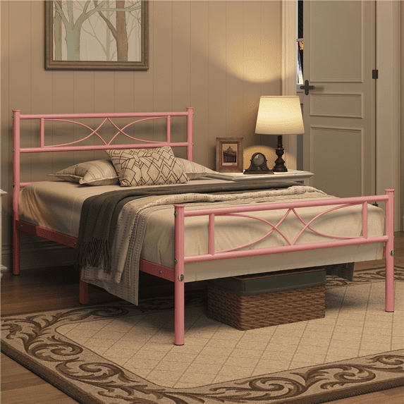 Renwick Julian Curved Design Metal Platform Twin Bed, Pink