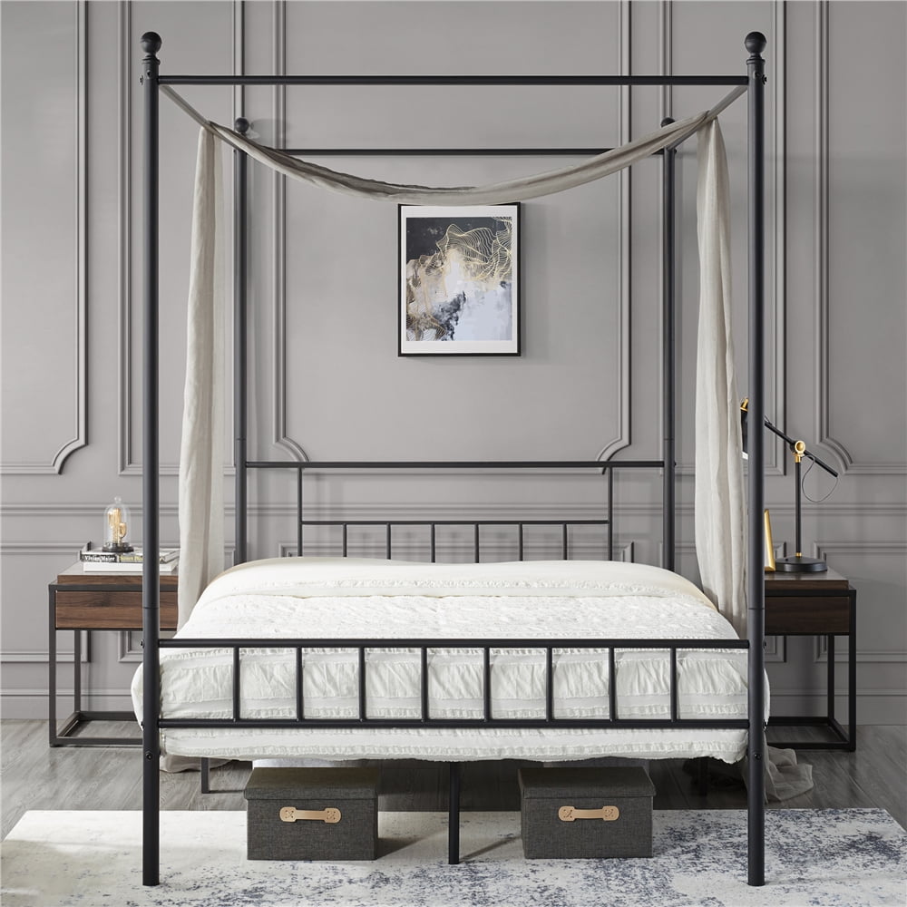 Renwick Juno Metal Canopy Frame Four Poster Bed with Headboard and Footboard, Full, Black