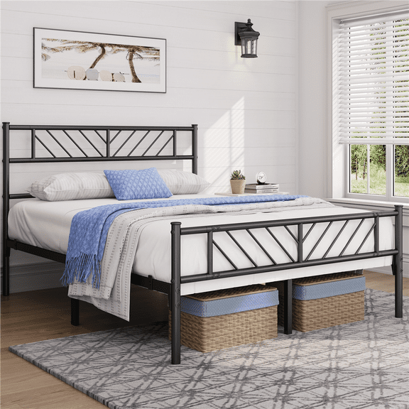 Renwick Justice Full Size Metal Platform Bed with Arrow Design, Adult, Black