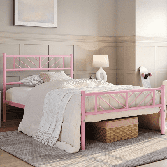 Renwick Justice Metal Platform Bed with Arrow Design,Twin,Pink