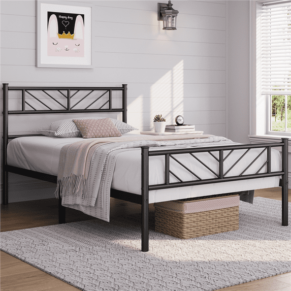 Renwick Justice Twin Size Metal Platform Bed with Arrow Design, Adult, Black