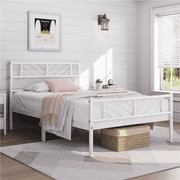 Renwick Justice Twin Size Metal Platform Bed with Arrow Design, Adult, White