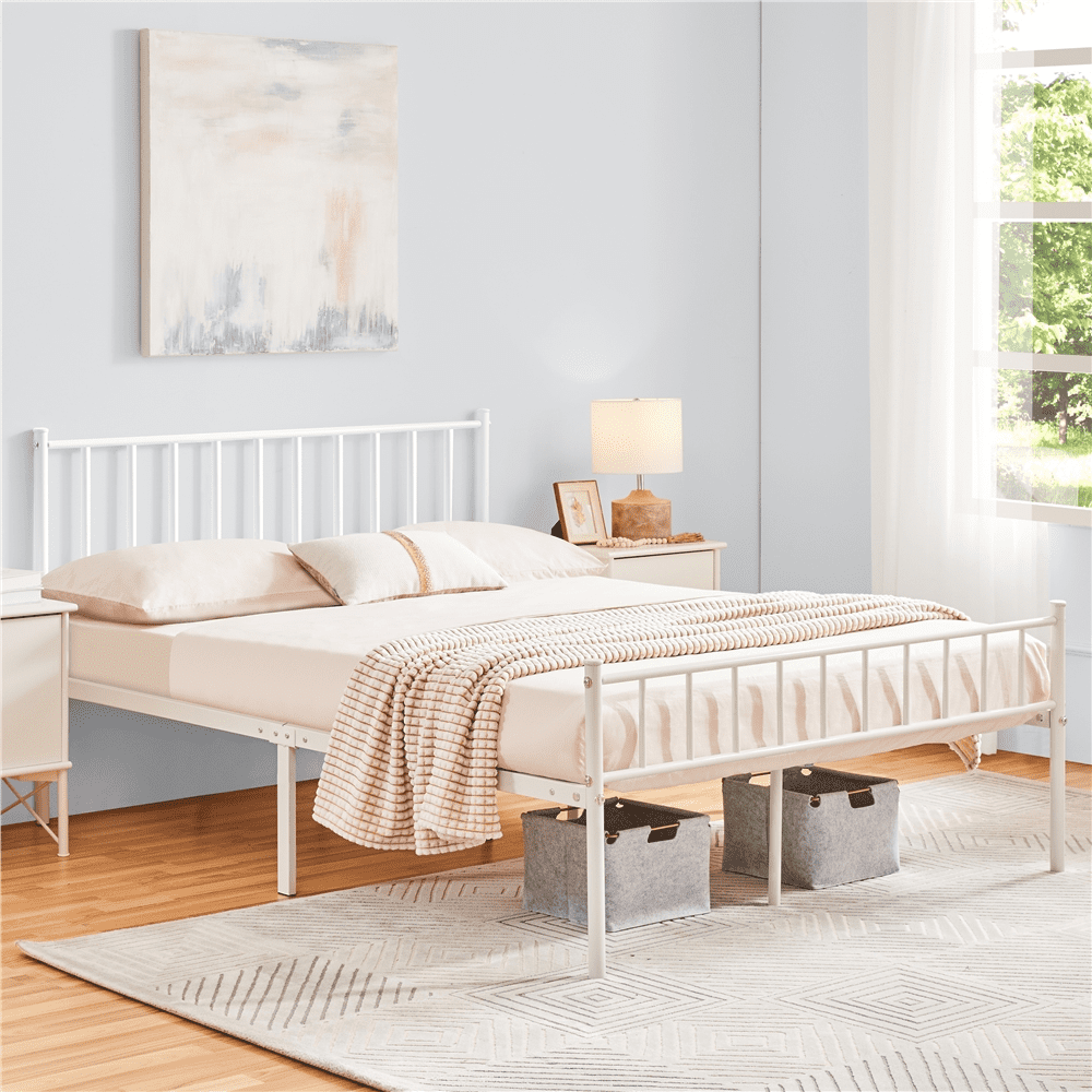 Renwick Justin Metal Platform Bed with Spindle Headboard and Footboard, Queen Size, White