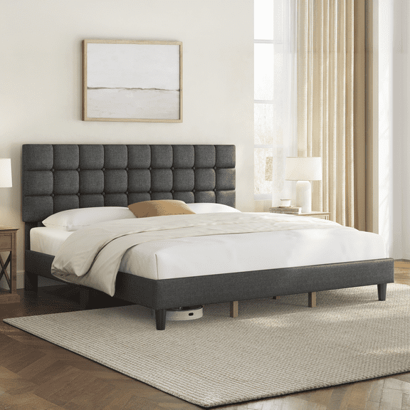 Renwick King Platform Bed Frame with Square Tufted Headboard, Dark Gray