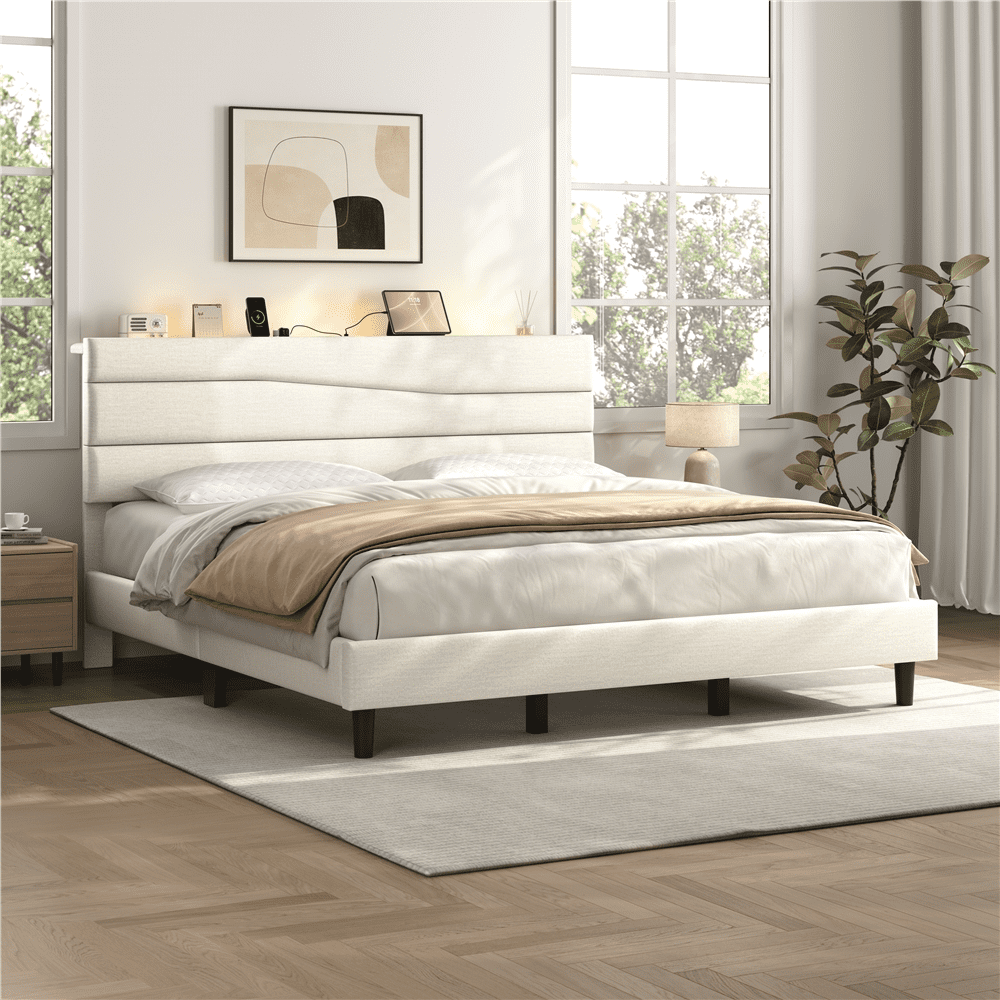 Renwick King Upholstered Bed Frame with Charging Station, Beige