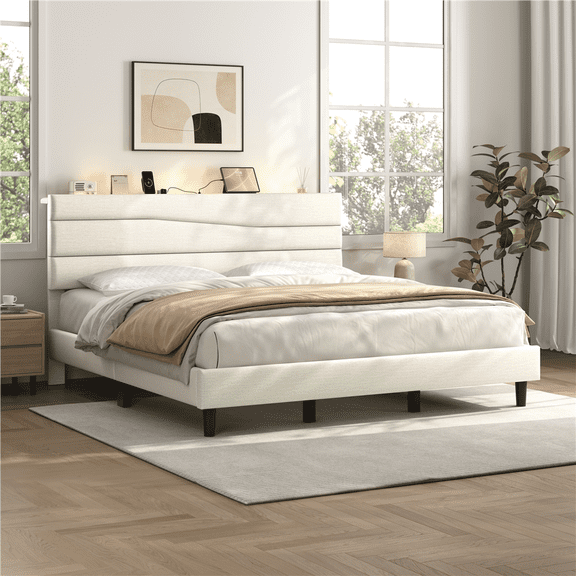 Renwick King Upholstered Bed Frame with Charging Station, Beige