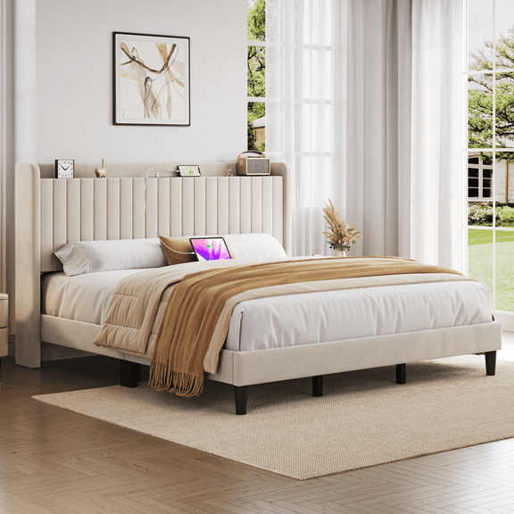 Renwick King Velvet Bed Frame with Charging Ports and Storage Headboard, Beige