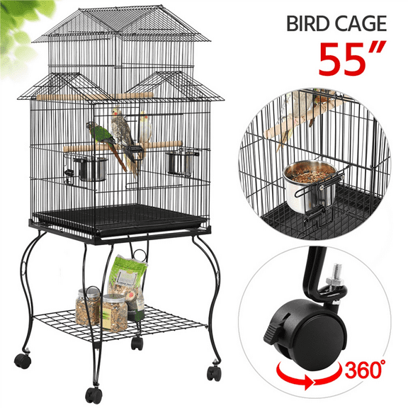 Renwick 55'' Metal Rolling Bird Cage With Stand, Black
