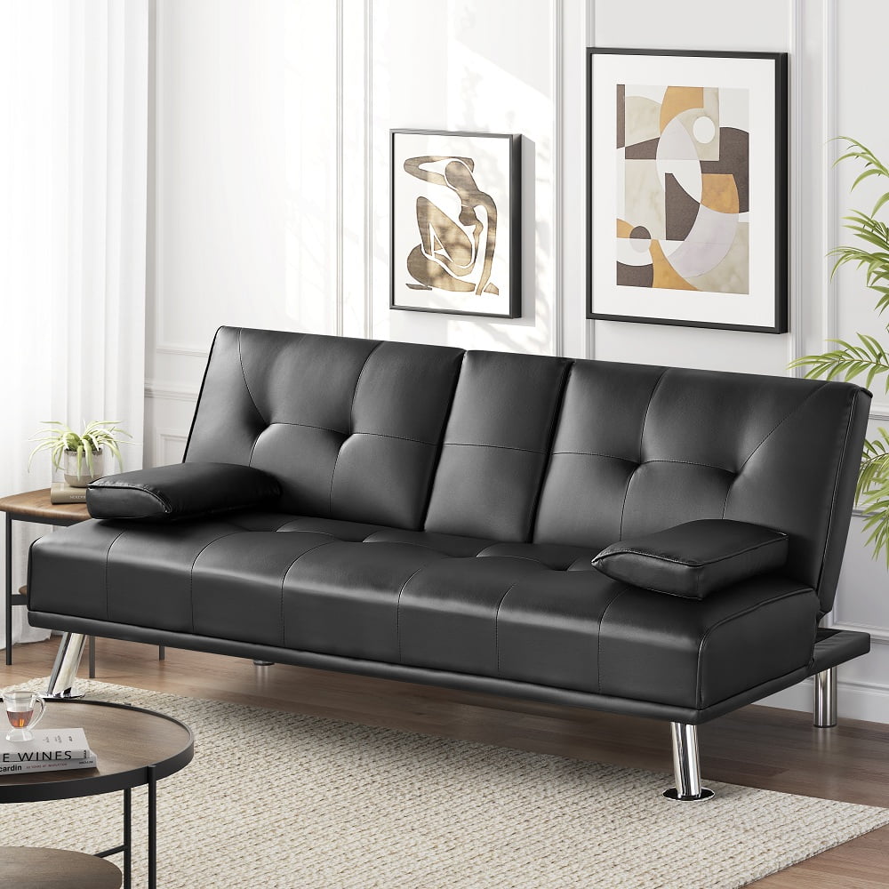 Renwick LuxuryGoods Modern Faux Leather Futon with Cupholders and