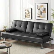 Renwick LuxuryGoods Modern Faux Leather Futon with Cupholders and Pillows, Black