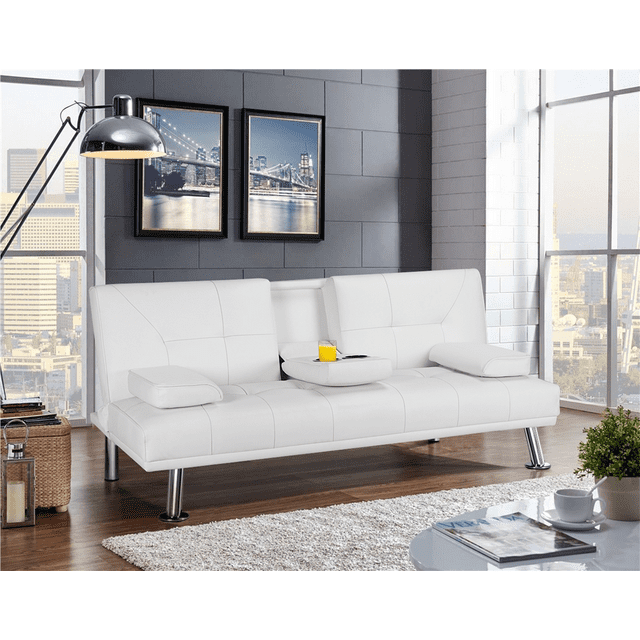 Renwick LuxuryGoods Modern Faux Leather Futon with Cupholders and Pillows, White