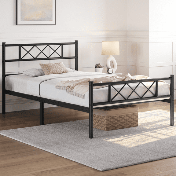 Renwick Metal Platform Bed Frame with Headboard and Footboard, Twin XL, Black