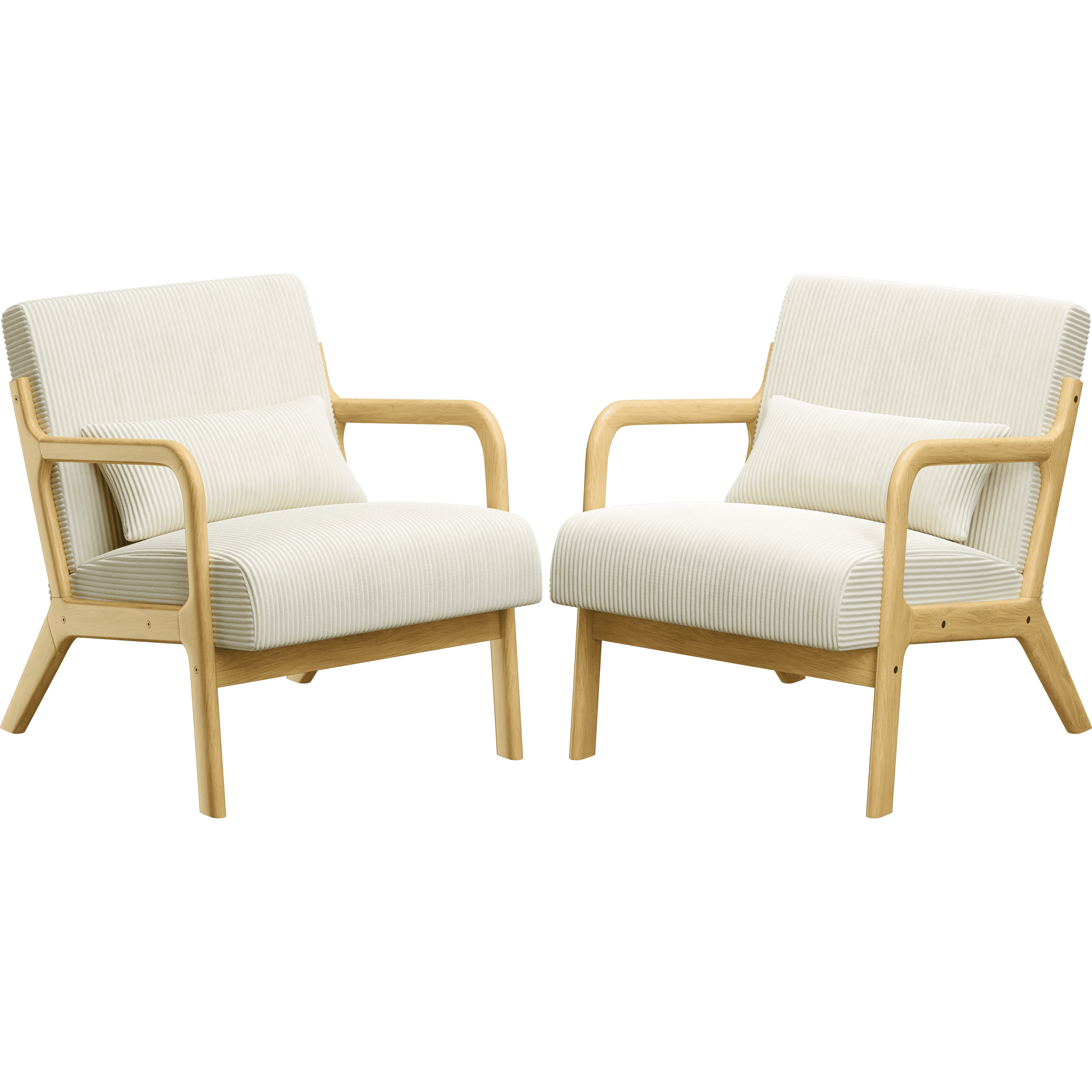 Renwick Mid-Century Corduroy Accent Chair, Modern Armchair with Wood Frame and Pillow for Living Room Bedroom Furniture, Set of 2, Beige
