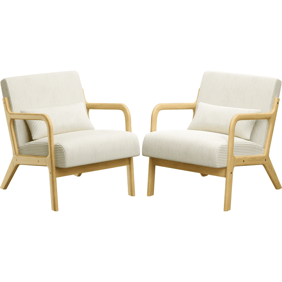 Renwick Mid-Century Corduroy Accent Chair, Modern Armchair with Wood Frame and Pillow for Living Room Bedroom Furniture, Set of 2, Beige