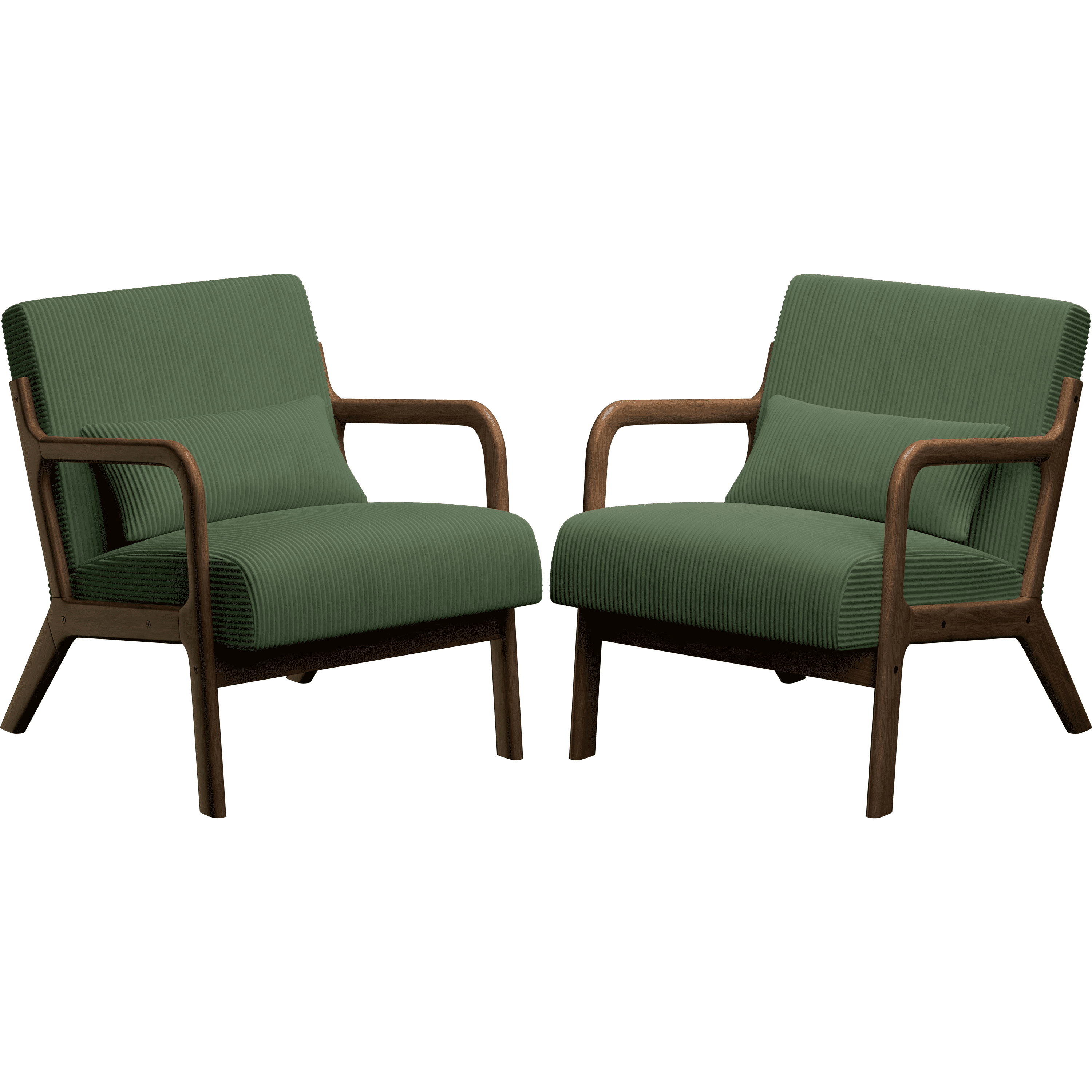 Renwick Mid-Century Corduroy Accent Chair, Modern Armchair with Wood Frame and Pillow for Living Room Bedroom Furniture, Set of 2, Dark Green