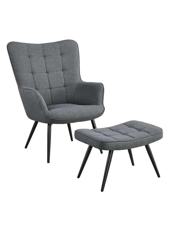 Renwick Mid-Century Modern Fabric Wingback Accent Chair with Ottoman, Gray