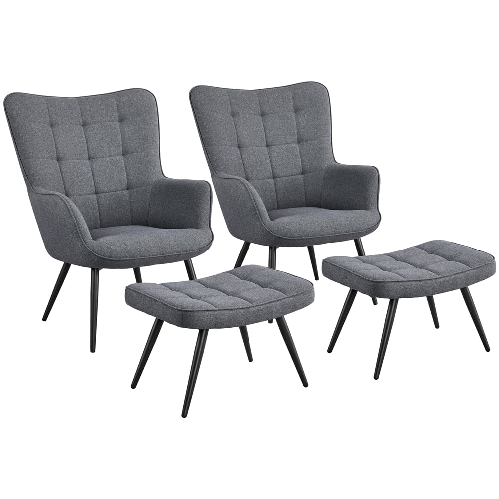 Renwick Mid-Century Modern Fabric Wingback Accent Chair with Ottoman, Set of 2, Gray