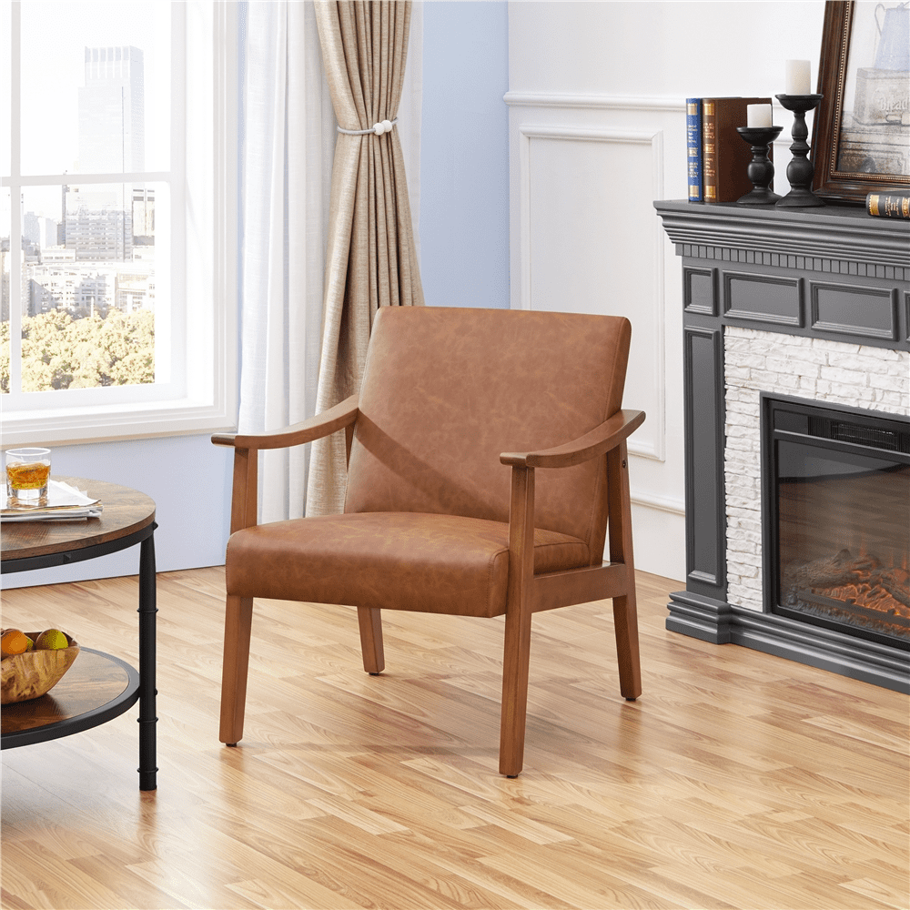 Renwick Mid-Century Modern Faux Leather Accent Chair, Set of 2, Light Brown