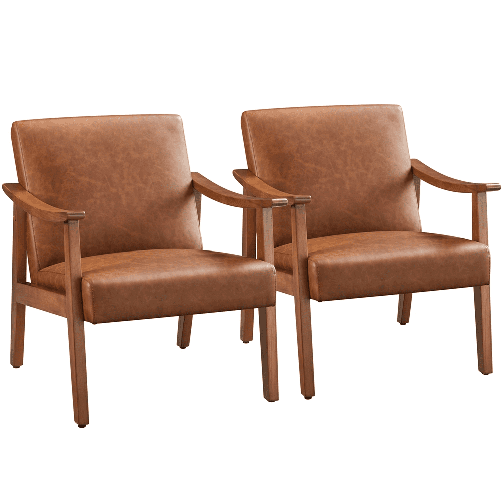 Renwick Mid-Century Modern Faux Leather Accent Chair, Set of 2, Light Brown