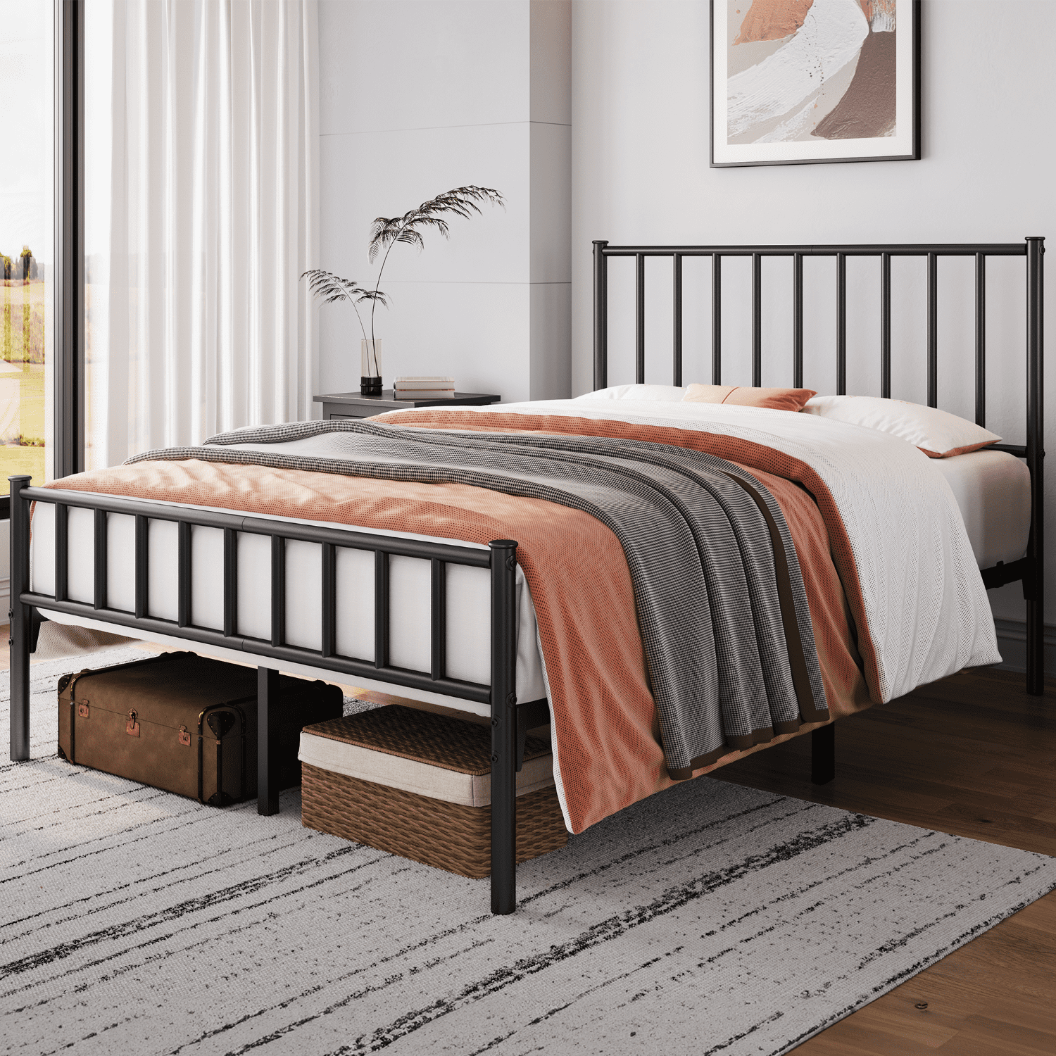 Renwick Full Size Metal Platform Bed with Headboard, Black