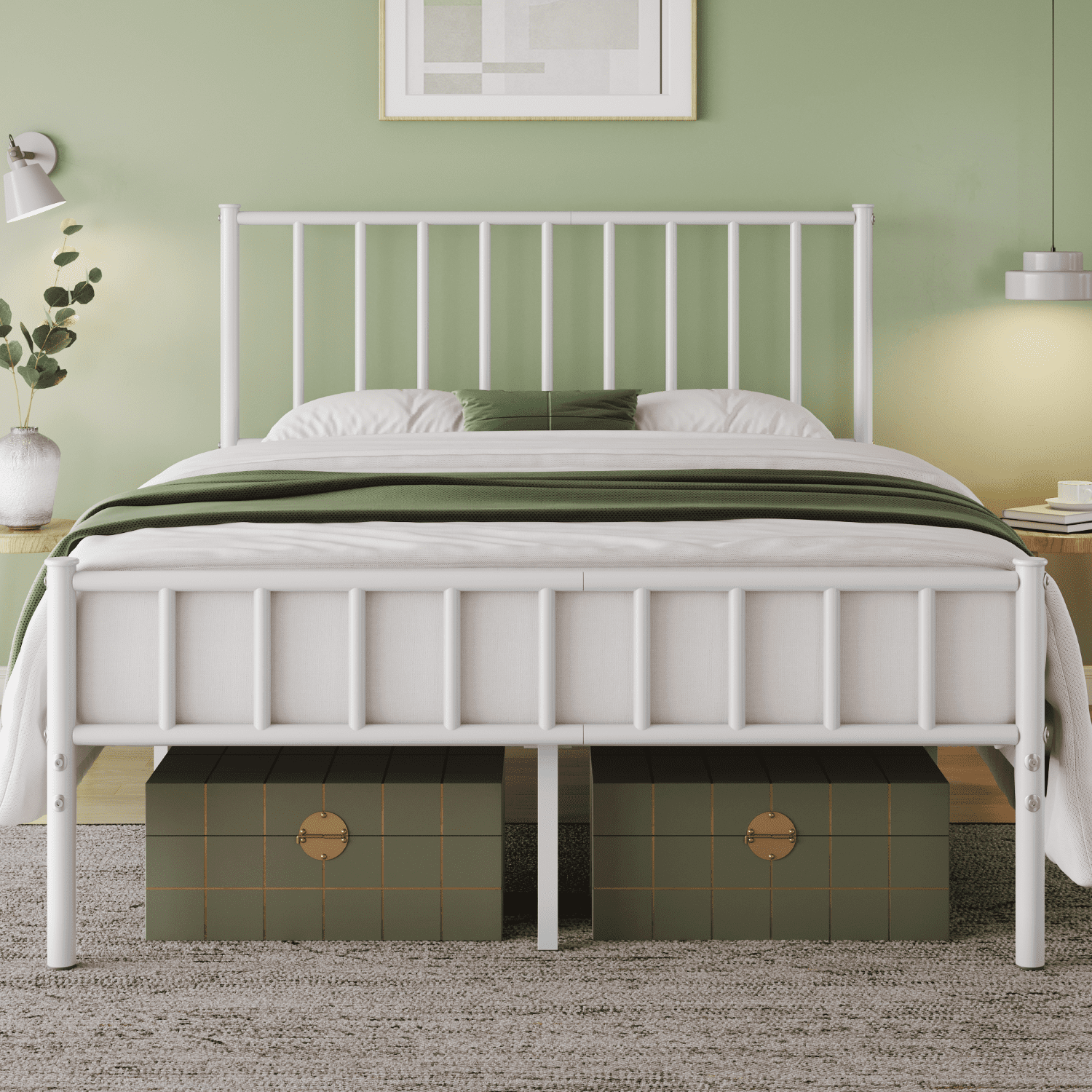 Renwick Full Size Metal Platform Bed with Headboard, White