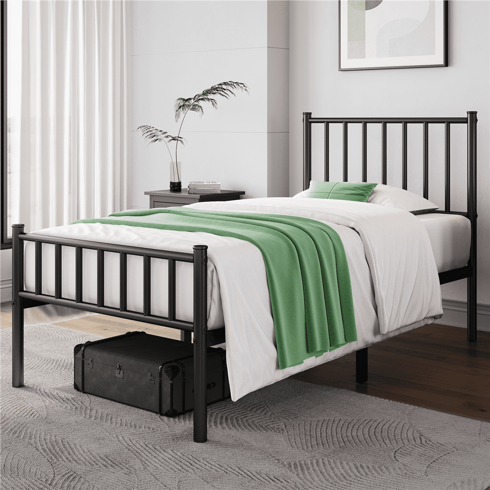 Renwick Twin Size Metal Platform Bed with Headboard, Black