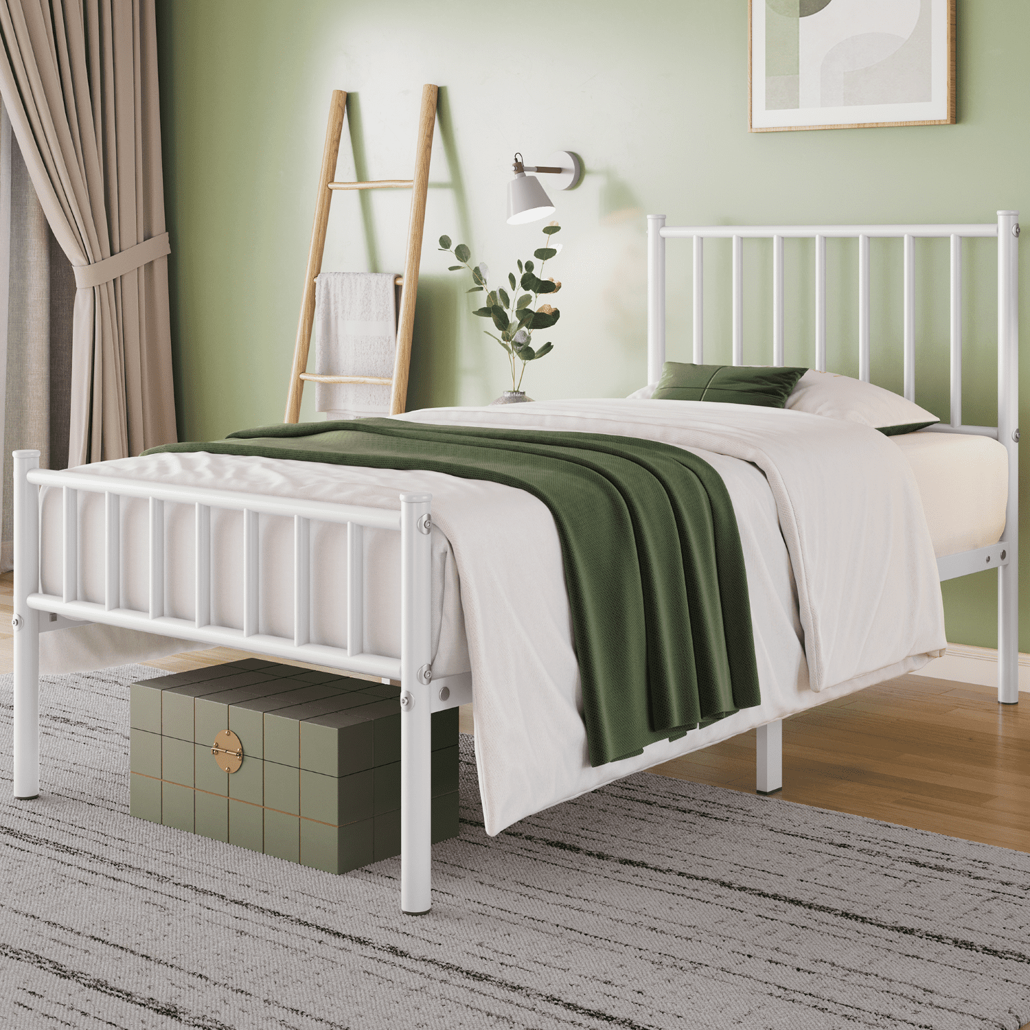 Renwick Twin Size Metal Platform Bed with Headboard, White